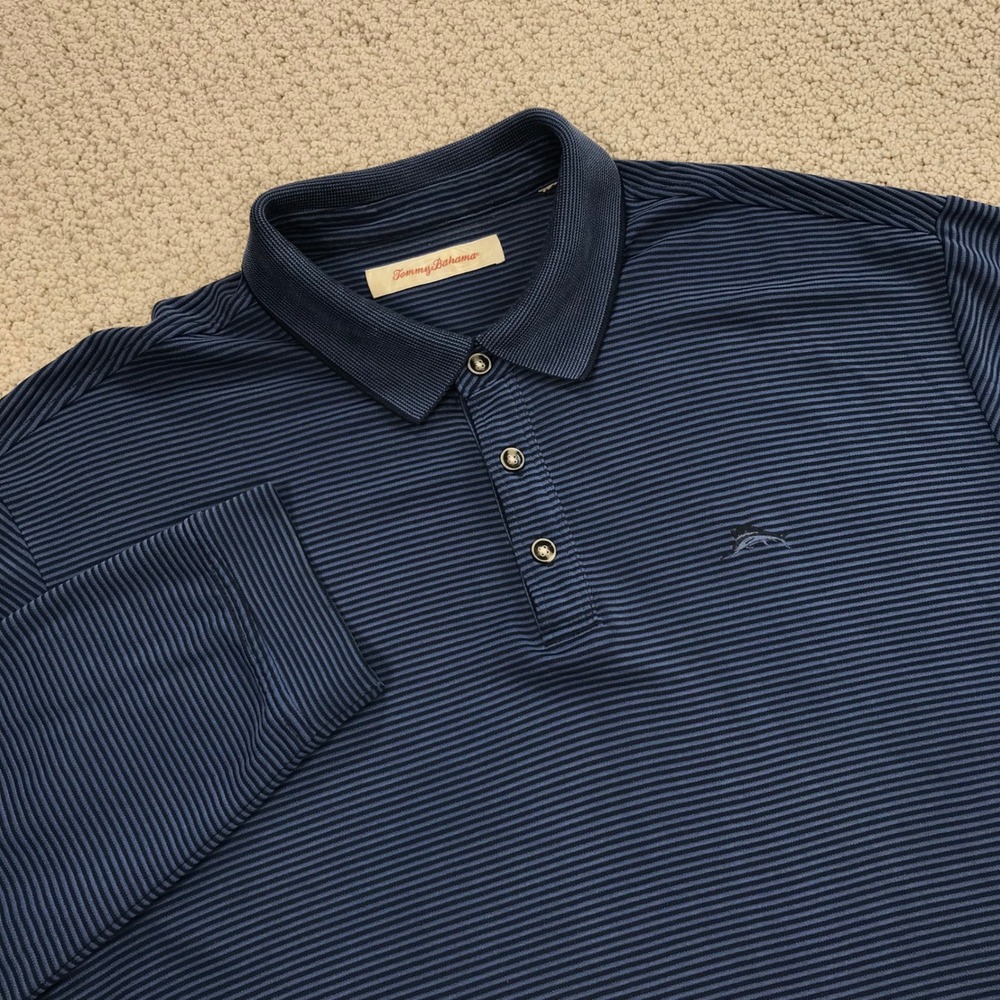Tommy Bahama Mens Long Sleeve Polo Shirt Navy Blue Striped Marlin Logo XL
